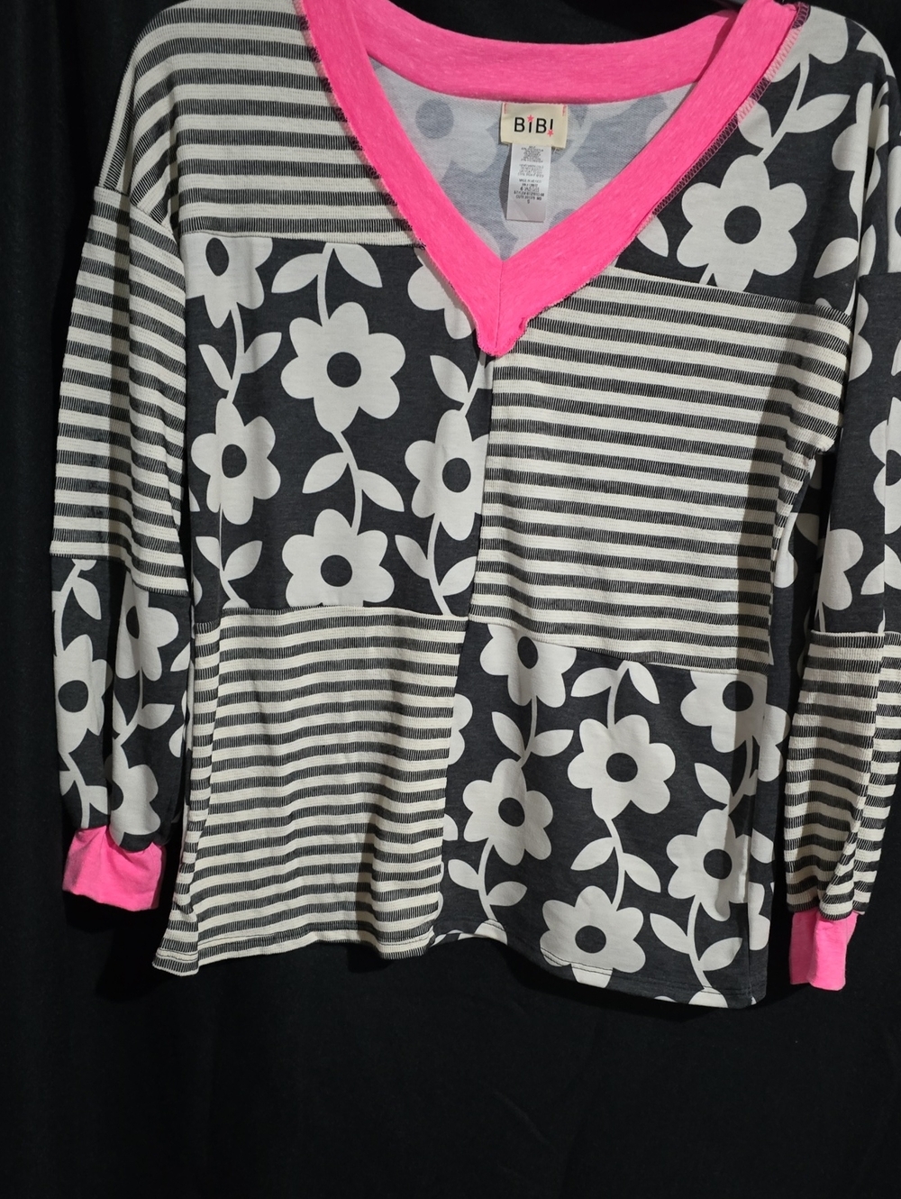 BiBi Black & White Floral-Stripe Long Sleeve Top with Hot Pink Trim